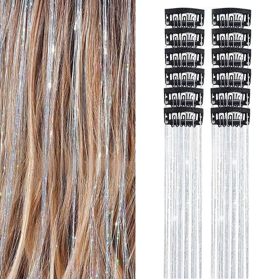 12 Pcs Synthetic Fiber Clip-in Hair Tinsel, Sparkly Glitter Hair Extensions for Christmas & New Year, Fairy Hair Accessories for Women & Girls