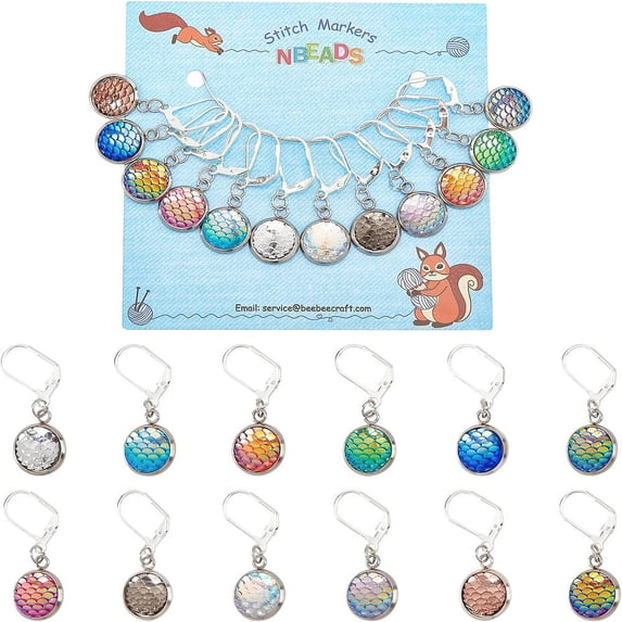 12 Pcs Tail Fish Scale Stitch Markers 12 Colors Resin Crochet Stitch Marker Charms with 304 Stainless Steel Hook