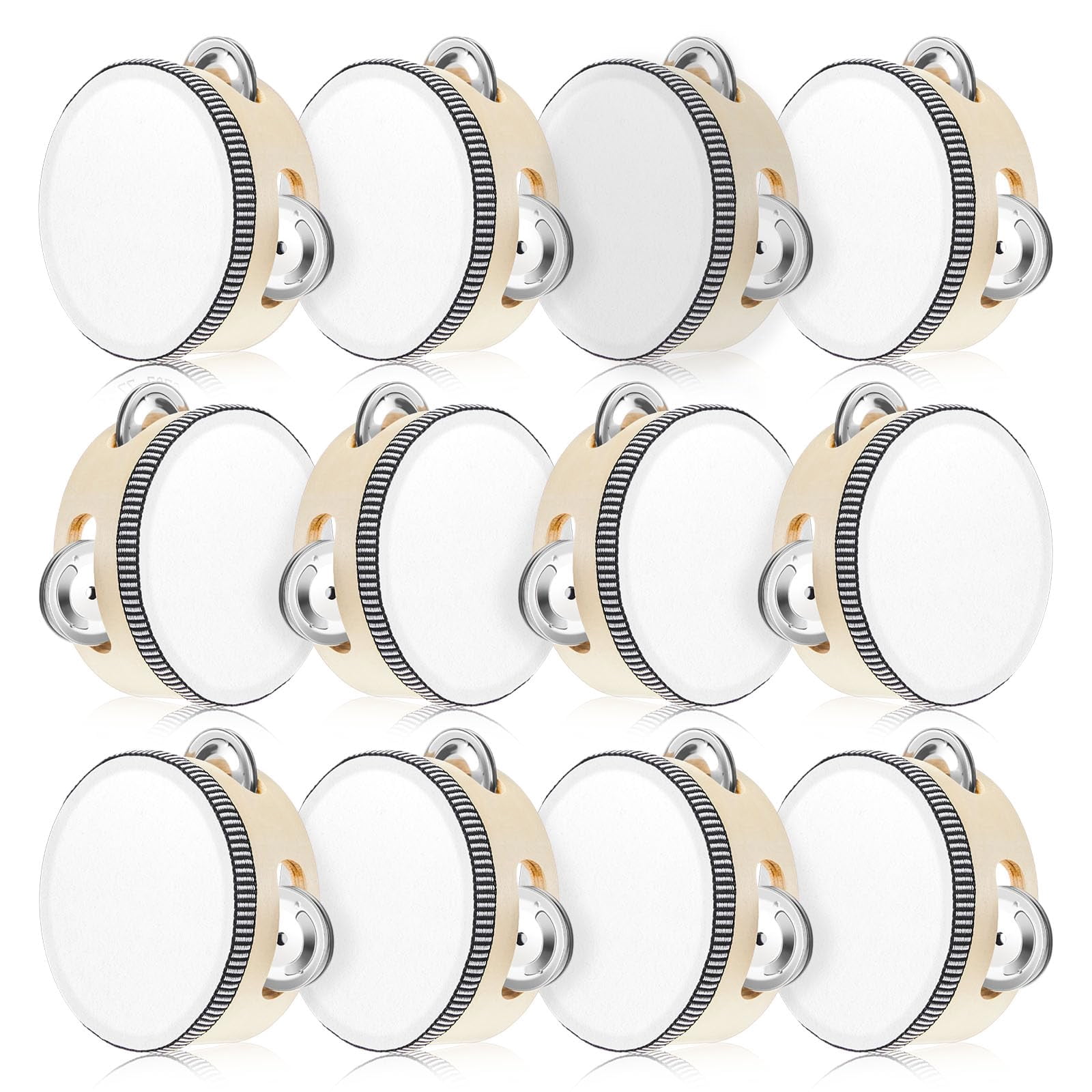 12 Pcs Tambourine Drum Bulk For Adults Hand Held Percussion Gift Operation Christmas Items Wood Metal Jingles Musical Educational Instrument Church Wedding Party Games(white)
