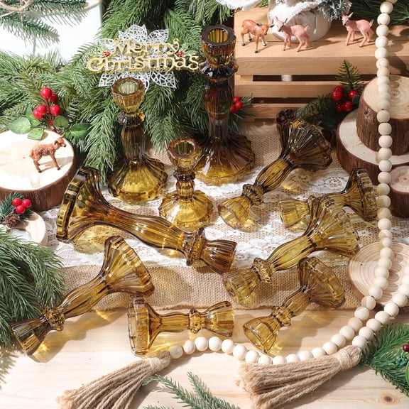 12 Pcs Taper Candle Holders Christmas Glass Candlestick Holder Fit 0.8 Inch Candles 4'' 6'' 8'' Tall Crystal Decorative Candlestick Stand Centerpiece for Wedding Xmas Party Proposal (Amber)