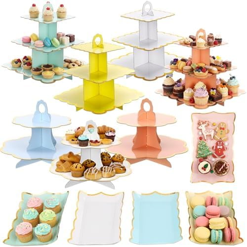 12 Pcs Tea Party Cupcake Stand Decorations Spring Cardboard Cupcake Tower 4 3-tier Cake Stands 3 2-tier Cake Holders 5 Trays for Flower Tea Party Princess Birthday Wedding Supplies(Macarons)