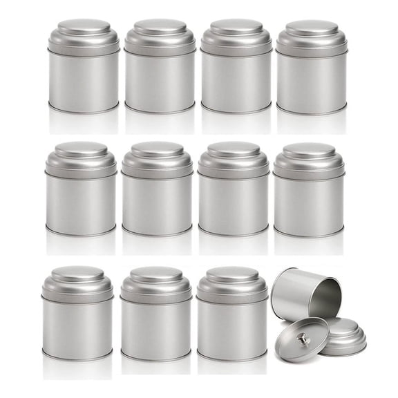 12 Pcs Tea Tin Canister with Airtight Double Lid 8Oz Round Tin Can Box Small Kitchen Tea Canister Lo Silvery Tinplate