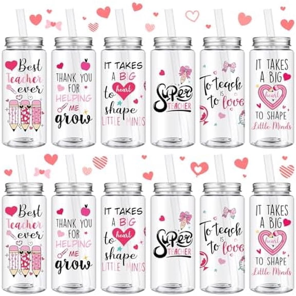 12 Pcs Teacher Appreciation Gifts Bulk Reusable Plastic Coffee Cups with Lids and Straws 14 oz Drinking Plastic Cups Tumbler for Women Teacher Day Party Supplies$$Home Decor, Kitchen, & Other