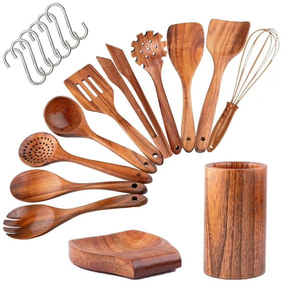12 Pcs Teak Wooden Spoons for Cooking Non-Toxic, Non-Stick Kitchen Utensils Set Wood Spatulas with Hooks, Spoon Rest & Holder Lightweight, Heat Resistant, Eco-Friendly.