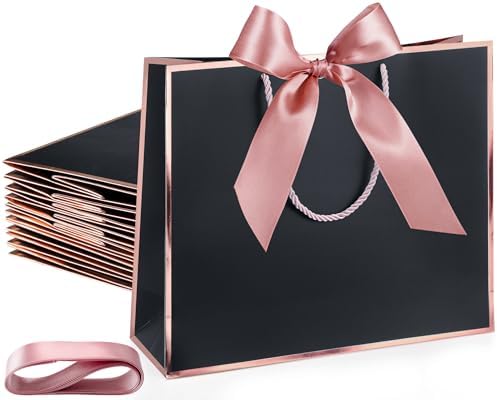 Baotongle 6-Pack Thank You Gift Bags With Handles - Pink With Gold Edge, 11x7.8x4 Inches, For Weddings, Baby Showers, Parties