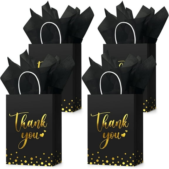 12 Pcs Thank You Gift Bags with Tissue Paper Gold Polka Dots Thank You Bags with Handle Party Favor for Wedding Birthday Baby Shower Party Favor (Black)