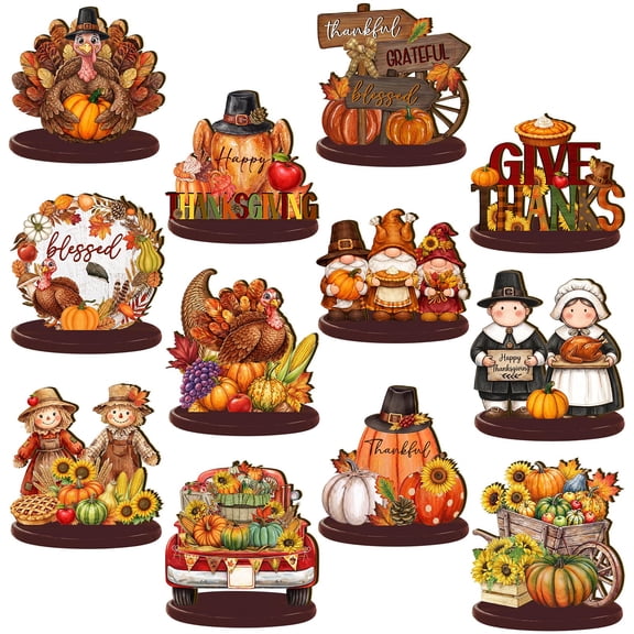 12 Pcs Thanksgiving Table Decorations, Wooden Fall Harvest Centerpiece, Pilgrim Turkey Gnome Table Topper Signs for Thanksgiving Tiered Tray Decor Party Favor