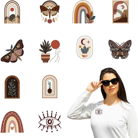 12 Pcs Theme Heat Transfer Film Logo Stickers Set 12 Styles Rainbow Butterflies Pattern Heat Transfer Stickers Iron on Decals for T-Shirts Patches Bags Hats DIY Crafts Colorful