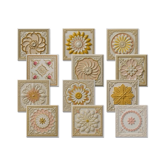 12 Pcs Thickened PET Foam Wall Tile Stickers Decals 5.91" x 5.91" Beige Yellow and Pink Flower Pattern Peel and Stick Backsplash Kitchen Furniture Renovation