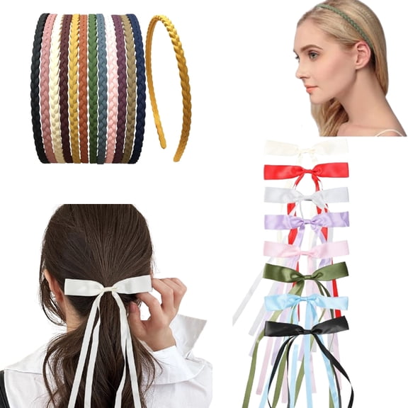 12 Pcs Thin Elastic Headbands with 8 Pcs Fashion Bow Clips 20-Piece Hair Combo for Women Soft & Non-Slip Design for All-Day Wear