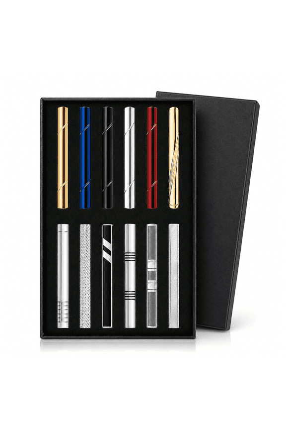 12 Pcs Tie Clips for Men Gift Set, Classic Tie Bar Clip Set with Luxury Box, Black Silver Gold Blue Tie Clips for Wedding Business Father's Day