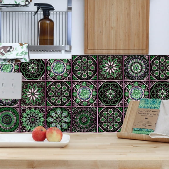 12 Pcs Tiles Stickers Kitchen Backsplash Decals 4x4inch Green Mandala Wall Stickers Vinyl Peel and Stick Bathroom Stairs Decor