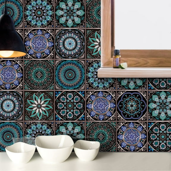 12 Pcs Tiles Stickers Kitchen Backsplash Decals 6x6inch Mandala Wall Stickers Vinyl Peel and Stick Bathroom Stairs Decor