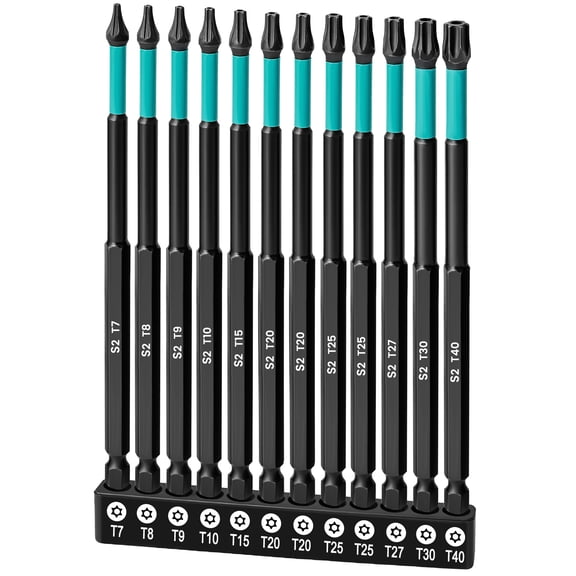 12 Pcs Torx Bits Set, 6" Long Star Screwdriver Bit Set with Hole for Cordless Screwdrivers, 1/4" T7-T40, S2 Steel