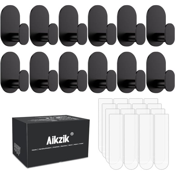 12 Pcs Towel Hooks with 16 Removable Strips, Black Hooks for Walls No Damage, Adhesive Wall Hooks for Bathroom, Kitchen, Shower Hooks for Inside Shower, Stainless Steel Sticky Hooks for Hanging