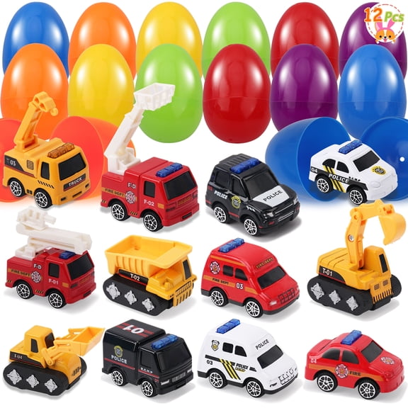 12 Pcs Prefilled Easter Eggs with Mini Cute Pull Back Alloy Car Toys for Toddlers Kids Easter Basket Stuffers Egg Hunt Party Favors Classroom Prizes for Boys and Girls
