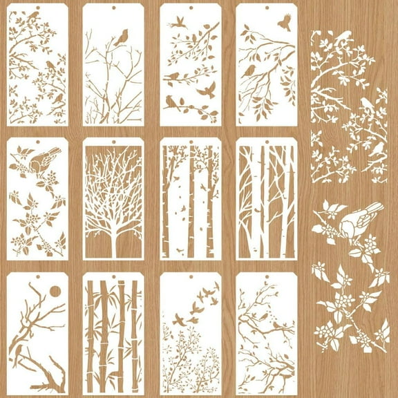 12 Pcs Traditional Chinese Style Decorative Painting Templates 12 Styles Birds Bamboo Tree Branches Stencils Reusable Texture Stencils Christmas Decor