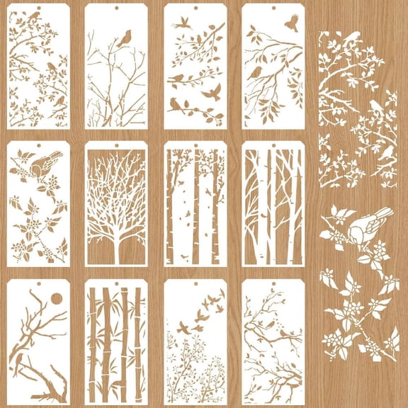 12 Pcs Traditional Chinese Style Decorative Painting Templates 12 Styles Birds Bamboo Tree Branches Stencils Reusable Texture Stencils Plastic