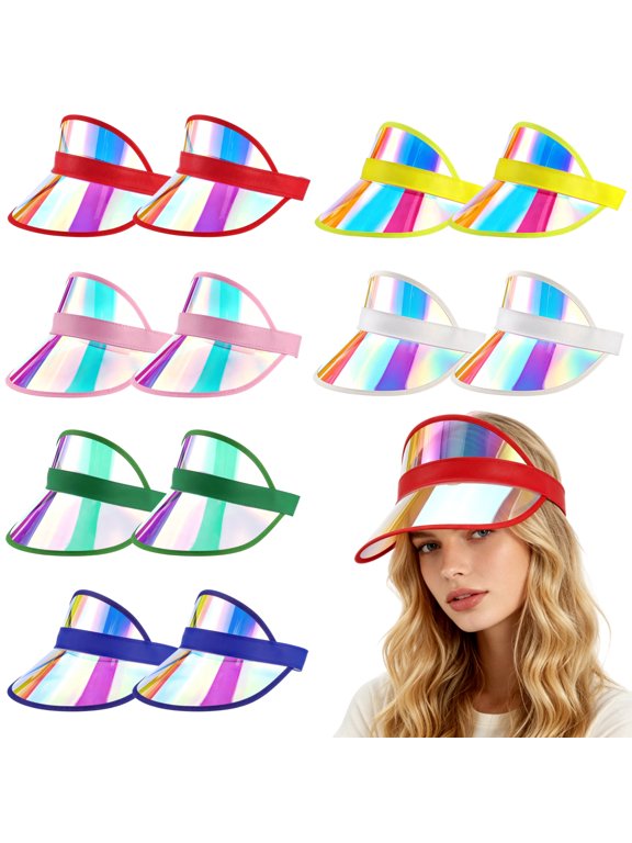 12 Pcs Transparent Sun Visor Hats, PVC Outdoor Adjustable Sunscreen Visor Hat with Elastic Headband and Wide Brim, Sun Protection Multi-Color Sunhat for Hiking, Cycling, Beach