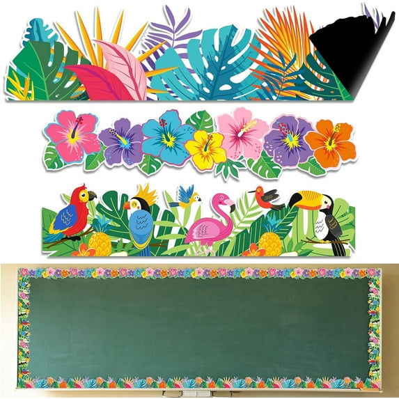 12 Pcs Tropical Magnetic Border Summer Bulletin Board Border Hawaiian Luau Flower Flamingo Strips Trim Bulletin Board Decorations for Back to School Classroom Office Whiteboard Wall Decor