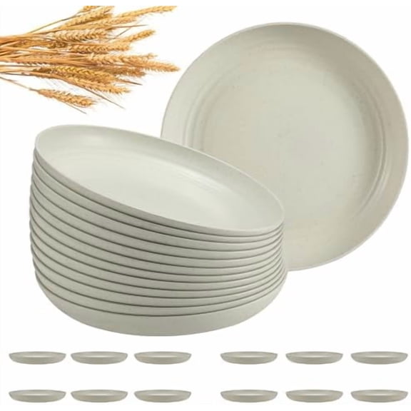 12 Pcs Unbreakable Deep Dinner Plates Set, 10 inch Reusable Plastic Wheat Straw Plates, Microwave and Dishwasher Safe Plate for Kitchen, Lightweight Plate for Dessert, BPA Free, Beige