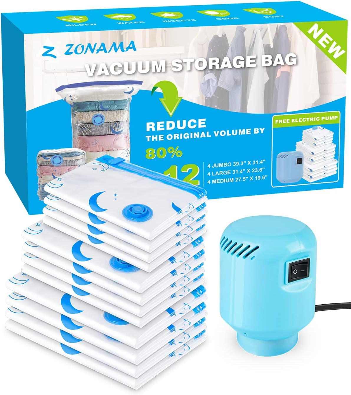 12 Pcs Vacuum Storage Bags Airtight Bags,Reusable Compression Space