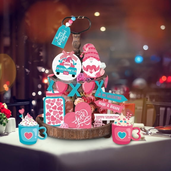 12 Pcs Valentine's Day Tiered Tray Decorations Set - Lovebird, Envelope, Love Heart, Wooden Farmhouse Tiered Tray Decor, Pink & Blue (NO LIGHTS)