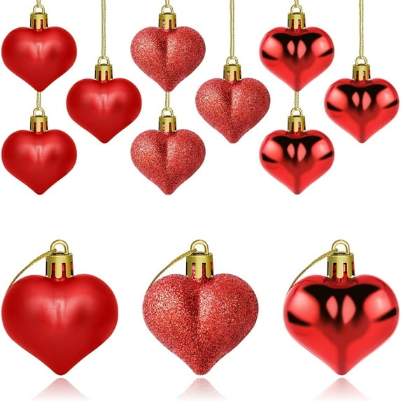12 Pcs Valentines Day Heart Ornaments,Red Heart Baubles,Hanging Ornaments,Glitter Heart Baubles Hanging Decorations for Christmas Wedding Party Decoration Supplies Styles (Glossy,Glitter,Matte)