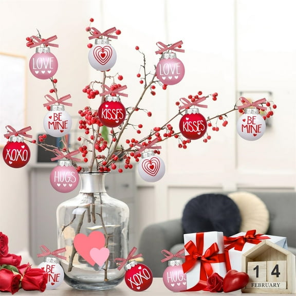 12 Pcs Valentines Day Plaid Ribbon Ball Ornaments 36 Inch (6Cm) Red & Pink Hanging Decorations, With Heart & Text Designs (Xoxo Kisses Be Mine Heart Hugs Love) 6Cm Aluminum Cover