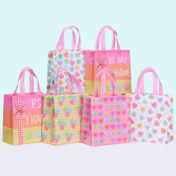 12 Pcs Valentines Gift Bags,9 Reusable Non-Woven Gift Tote With Handles for Kids, Valentine Treat Bag Goodies Bags