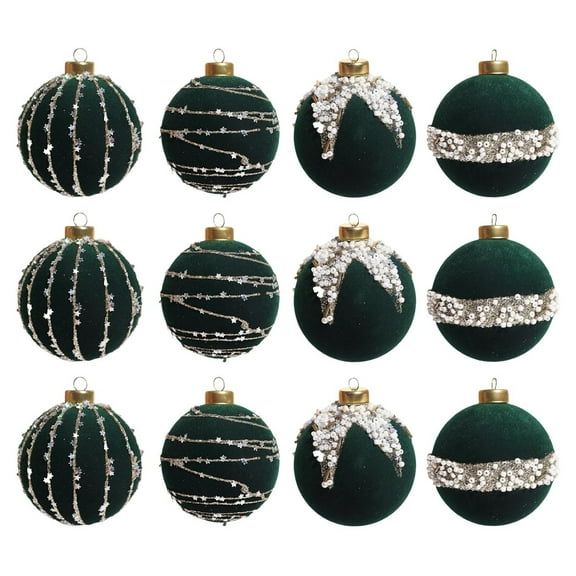 12 Pcs Velvet Christmas Balls Bulk Flocked Christmas Tree Ball Ornaments Diamond Glitter Pendant Plastic Xmas Decorative Hanging Ornaments for Holiday Party Wedding (Green,2.36 Inch)
