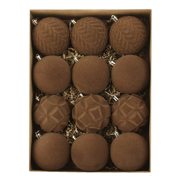 12 Pcs Velvet Christmas Balls Bulk Flocked Christmas Tree Ball Ornaments Plastic Xmas Decorative Hanging Ornaments(Brown,3.15 Inch)