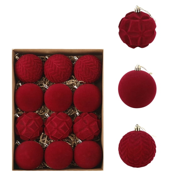 12 Pcs Velvet Christmas Balls, Flocked Xmas Tree Ornaments, Xmas Hanging Decoration, Christmas Ball Ornaments