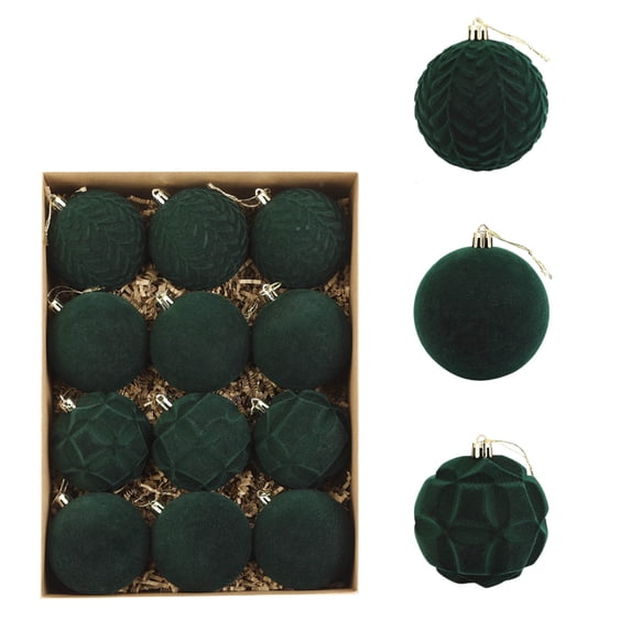 12 Pcs Velvet Christmas Balls, Flocked Xmas Tree Ornaments, Xmas Hanging Decoration, Christmas Ball Ornaments