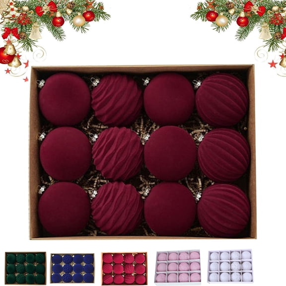 12 Pcs Velvet Christmas Balls Ornaments,6CM Flocked Christmas Tree Ball Hanging Ornaments,Burgundy Velvet Ornaments Balls,Large Christmas Balls Shatterproof Baubles Xmas Ball(Color - Red, 12)