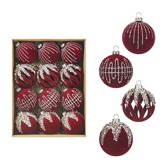 12 Pcs Velvet Christmas Balls Ornaments Set Shatterproof Flocked Christmas Tree Ornament with Gold Glitter, Vintage Flocked Finish, Christmas Decorations for Tree Wreath Garland Mantle Stairs Decor