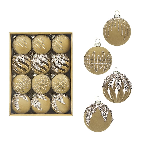12 Pcs Velvet Christmas Balls Ornaments Set Shatterproof Flocked Christmas Tree Ornament with Gold Glitter, Vintage Flocked Finish, Christmas Decorations for Tree Wreath Garland Mantle Stairs Decor