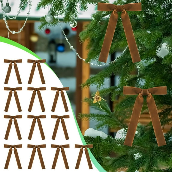 12 Pcs Velvet Christmas Bows for Tree, Burgundy Christmas Bows for Christmas Tree Velvet Ribbon Bow Knot Vintage Wreath Bows Ornaments for Xmas Holiday Indoor Outdoor Home Decor, Coffee