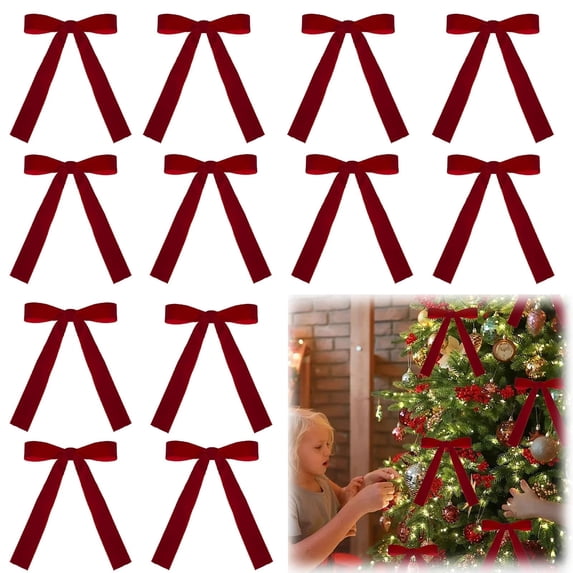 12 Pcs Velvet Christmas Bows for Tree, Burgundy Velvet Ribbon Bows, Christmas Tree Decor, Velvet Christmas Ornaments, Vintage Garland Bows, Wedding & Holiday Decorations