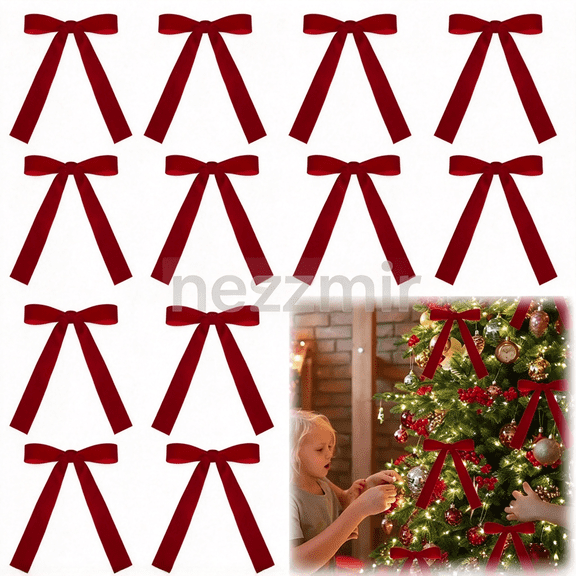 12 Pcs Velvet Christmas Bows for Tree, Burgundy Velvet Ribbon Bows, Christmas Tree Decor, Velvet Christmas Ornaments, Vintage Garland Bows, Wedding & Holiday Decorations
