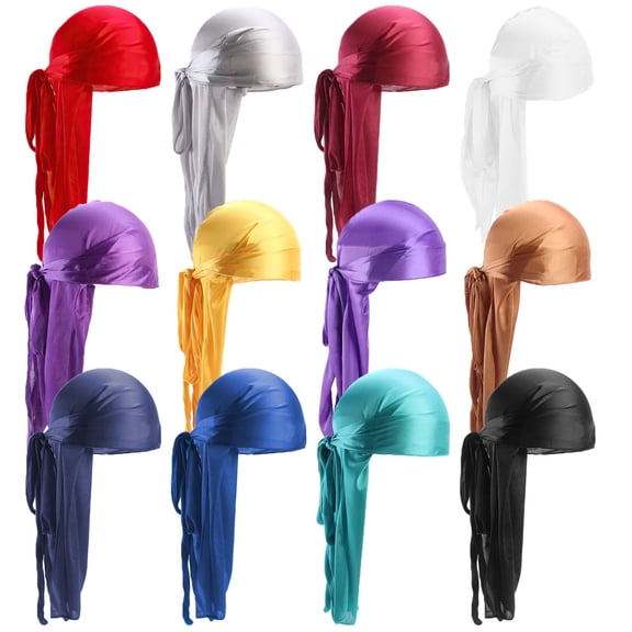 12 Pcs Velvet Durags for Men, Silky Long Tail Head Wraps, 12 Vivid Hues, Reversible Adjustable, Suitable for 360/540/720 Waves, Comfortable Fashionable