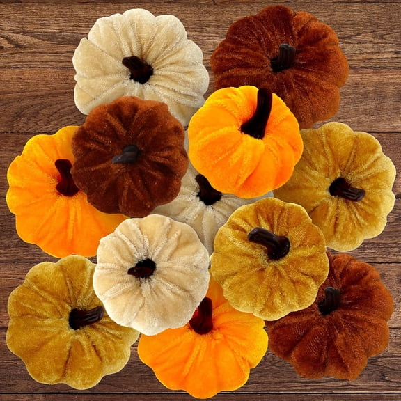 12 Pcs Velvet Pumpkins Assorted Colors and Sizes Fake Artificial Small Velvet Pumpkin Fall Decorations for Home Farmhouse Harvest Wedding Halloween Thanksgiving Decor
