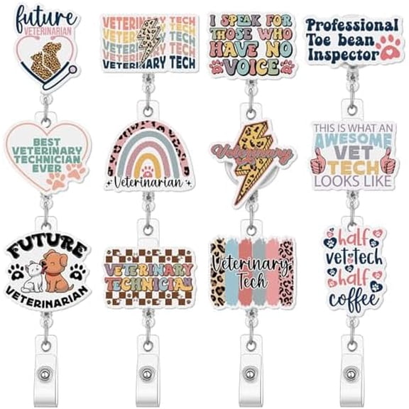 12 Pcs Vet Tech Gifts Bulk Vet Tech Badge Reel Veterinary Technician Week Badge Holder Retractable for Social Workers Dentist Volunteer Ot Doctor Nurse Coworker Appreciation