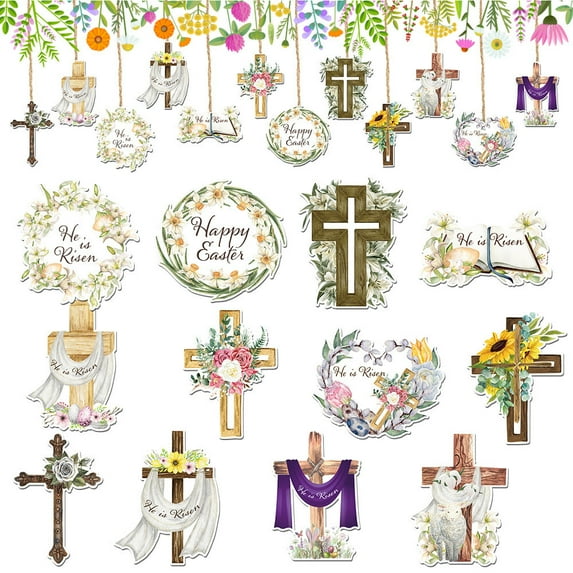 12 Pcs Vintage Easter Tree Decorations Religious Easter Ornaments for Tree He is Risen Decorations Wooden Hanging Cross Spring Ornaments Decorative for Craft Home Party Decor
