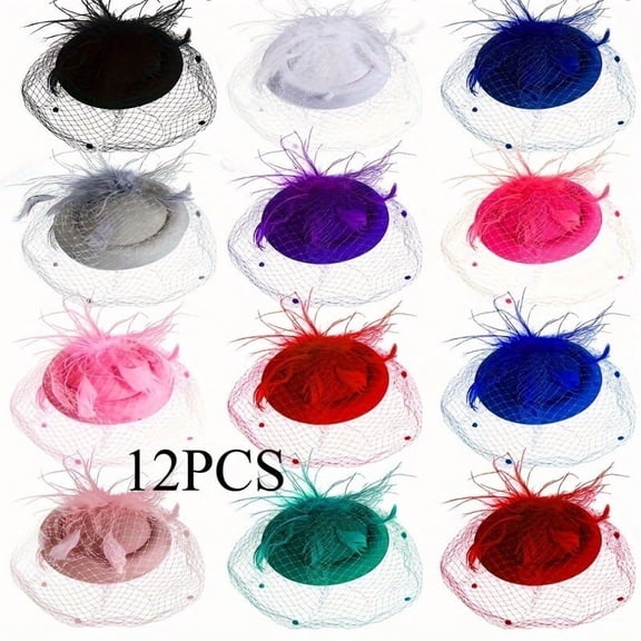 12 Pcs Vintage Fascinator Hats for Women, Mesh Veil Feather Pillbox Tea Party Hats with Hair Clips, Elegant Headpieces for Wedding Party Cocktail Race Event Photo Shoot Gift Set