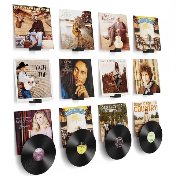 12 Pack Vinyl Record Storage Shelf Wall Mount, Dual Display Album Cover & LP Disc Holder ,Wood Record Display for Living Room,Black
