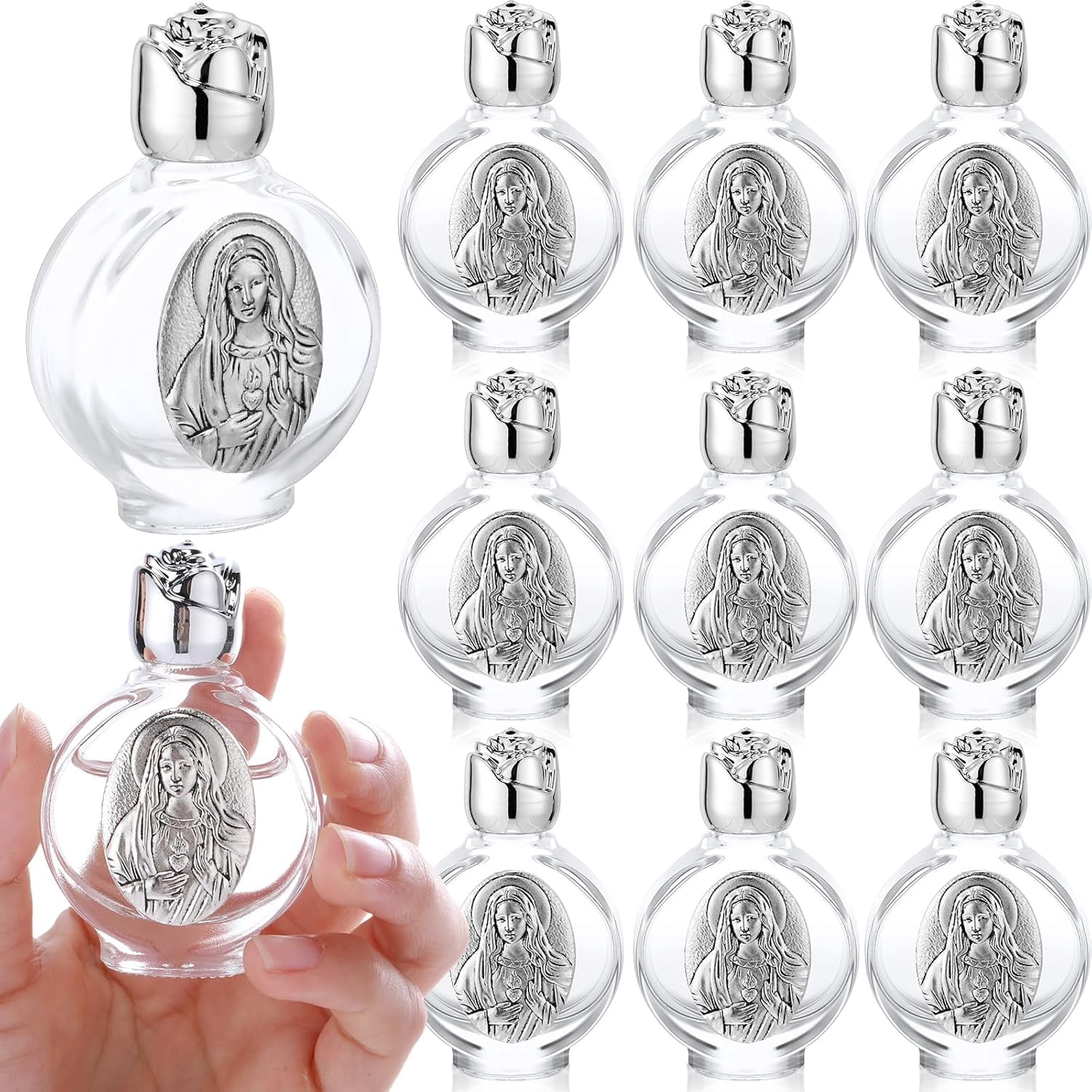 12 Pcs Wedding Glass Holy Water Bottles 0.5 oz First Communion Embossed Catholic Baptism Favor Christian Water Container Bulk Gift Church Decor(Silver,Immaculate Heart of Mary)