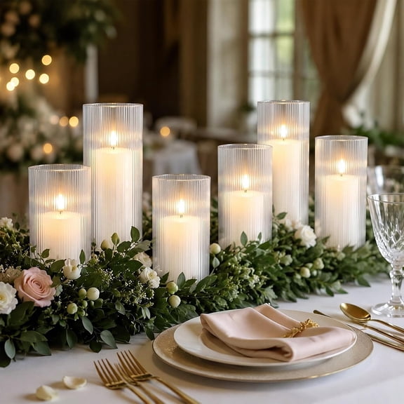 12 Pcs Pillar Candles with Ribbed Glass Holders, 6 Sets Clear | Elegant Tall Cylinder Wedding Table Centerpiece, Ribbed Glass Doubles as Vase and Holder, Home Dining Decor