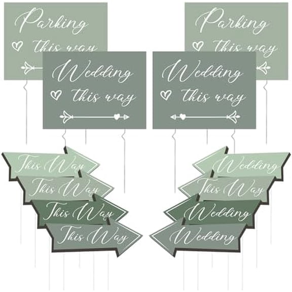 12 Pcs Wedding This Way Directional Signs Kit, Double-sided Sage Green 4 Square and 8 Arrow Shaped Wedding Road Directional Parking Signs Decor with Stakes for Outdoor Ceremony, Reception$$Other