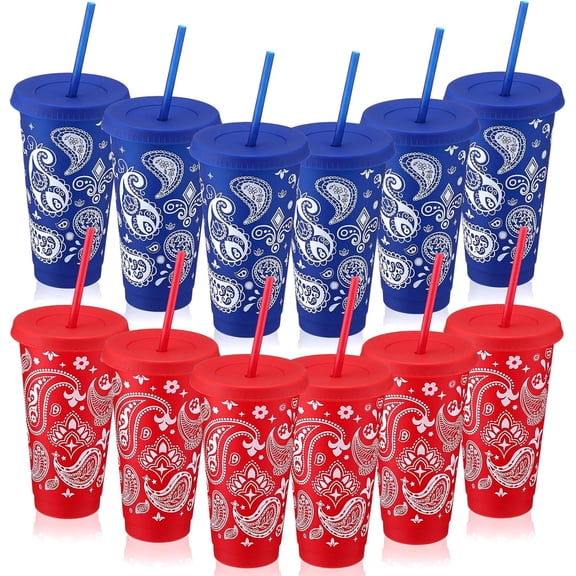 12 Pcs Western Party Plastic Tumbler with Lids and Straws 24 oz Reusable West Rodeo Cowboy Red and Blue Bandana Cups with Lids Bulk for Rodeo Western Party Decoration Supplies Favors Gifts